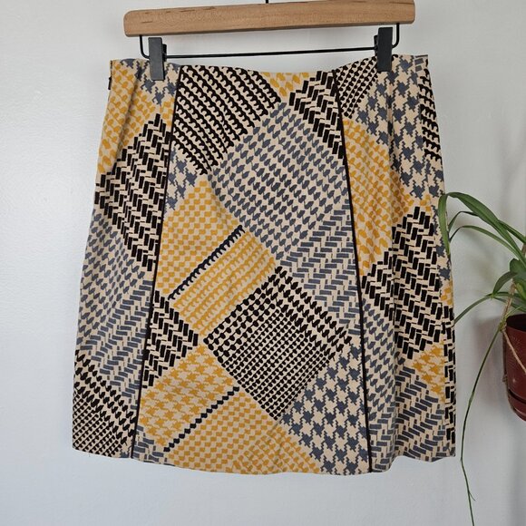 Anthropologie Maeve Velvet Houndstooth Patchwork Skirt Sz 8 Mustard‎ Brown Ivory - Picture 7 of 8